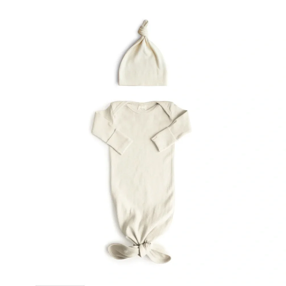 Mushie Knotted Gown with Hat 0-3 months ivory - Picture 1 of 4